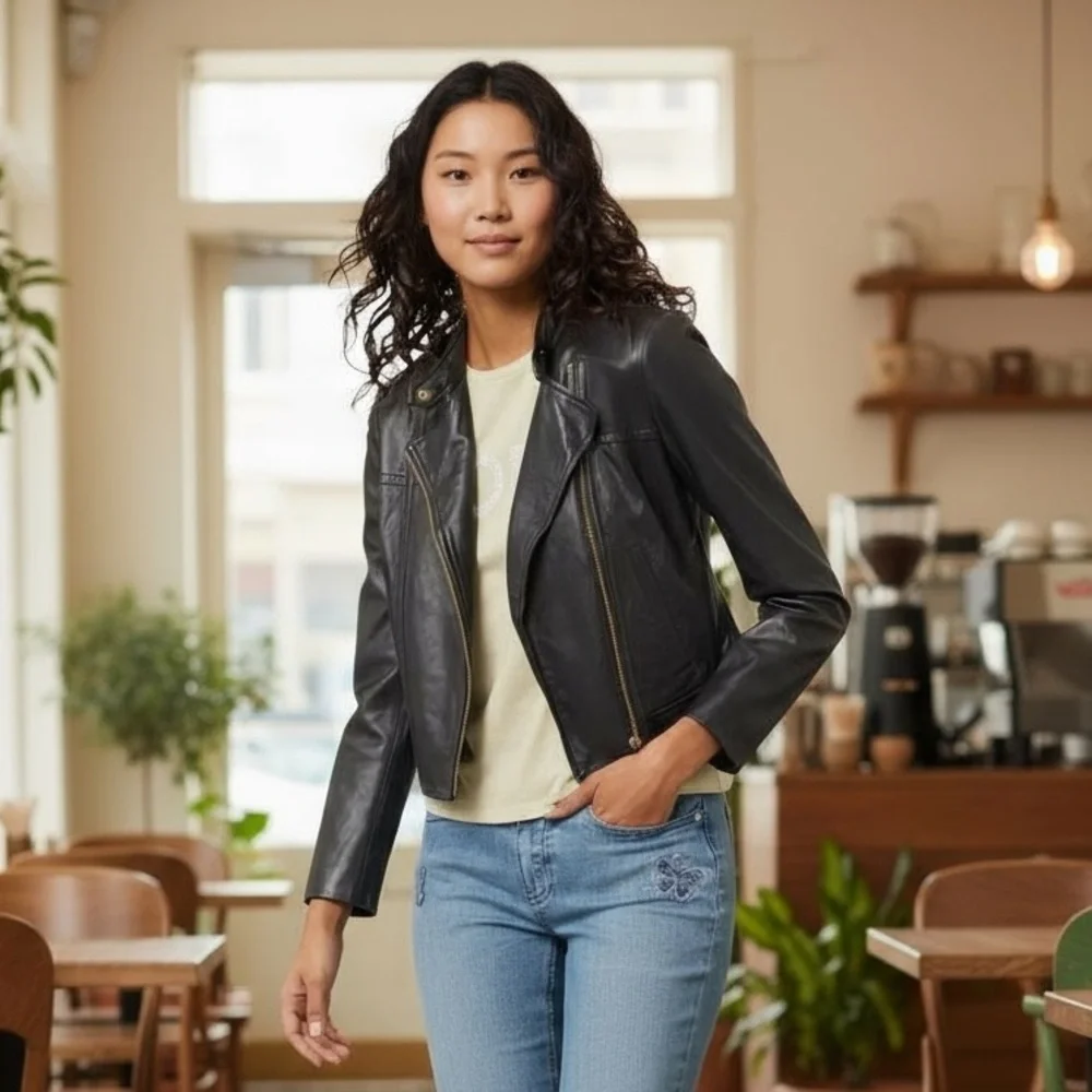 Michael Kors Black Leather Lambskin Moto Biker Jacket Gold Women’s M - Picture 1 of 15